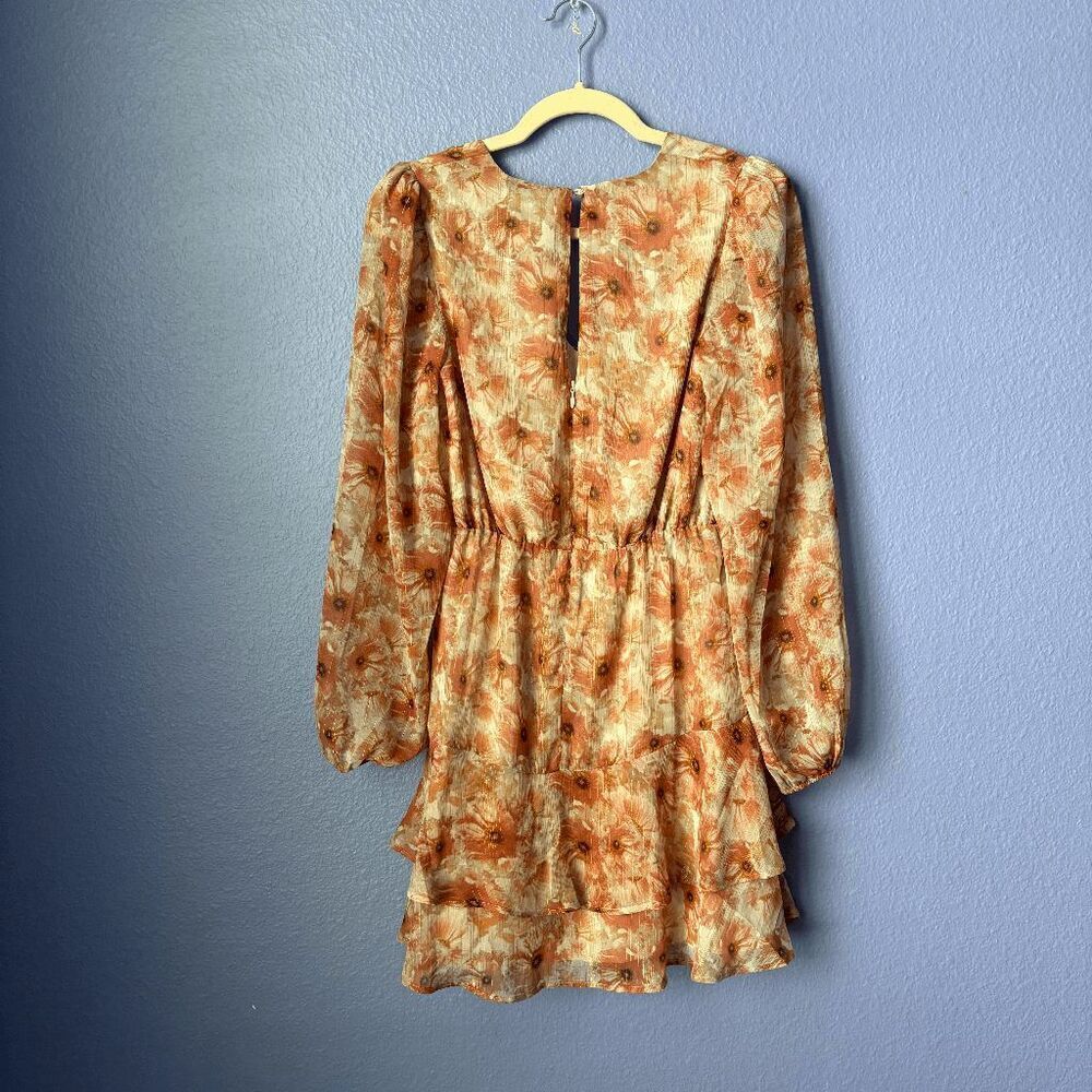 Express Metallic Floral Print Ruched Waist Ruffle Hem Mini Dress Multi-Color XS - Picture 6 of 7
